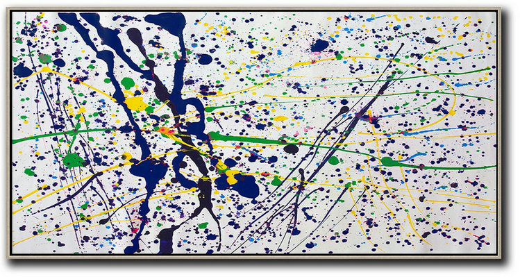 Large Abstract Painting On Canvas,Horizontal Palette Knife Contemporary Art,Hand Painted Original Art,White,Dark Blue,Yellow,Green.etc